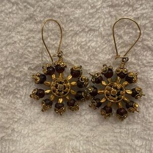Elegant Vintage Floral Design Gold Plated with Burgundy Bead Earrings